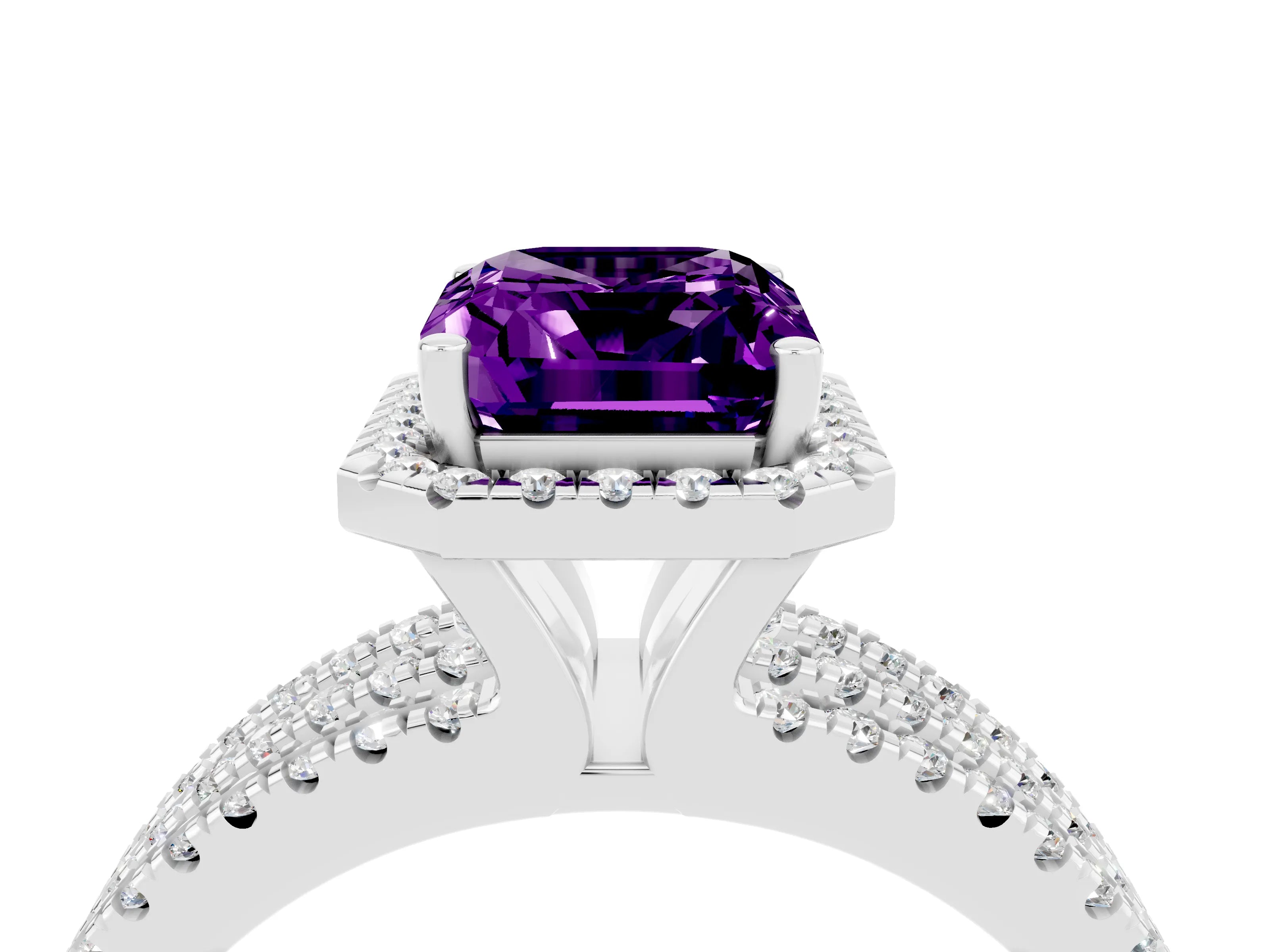 White gold {shape_name} Amethyst Halo Engagement Ring with Split Shank and Four-Prong Setting_4