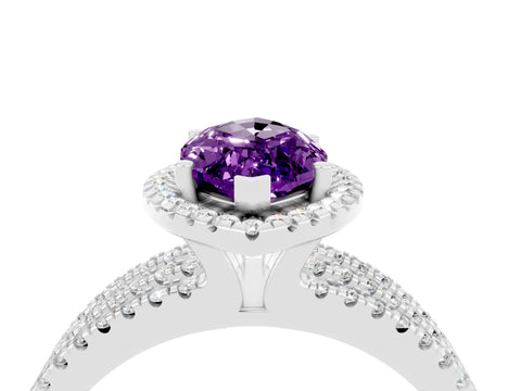 White gold {shape_name} Amethyst Halo Engagement Ring with Split Shank and Four-Prong Setting_4