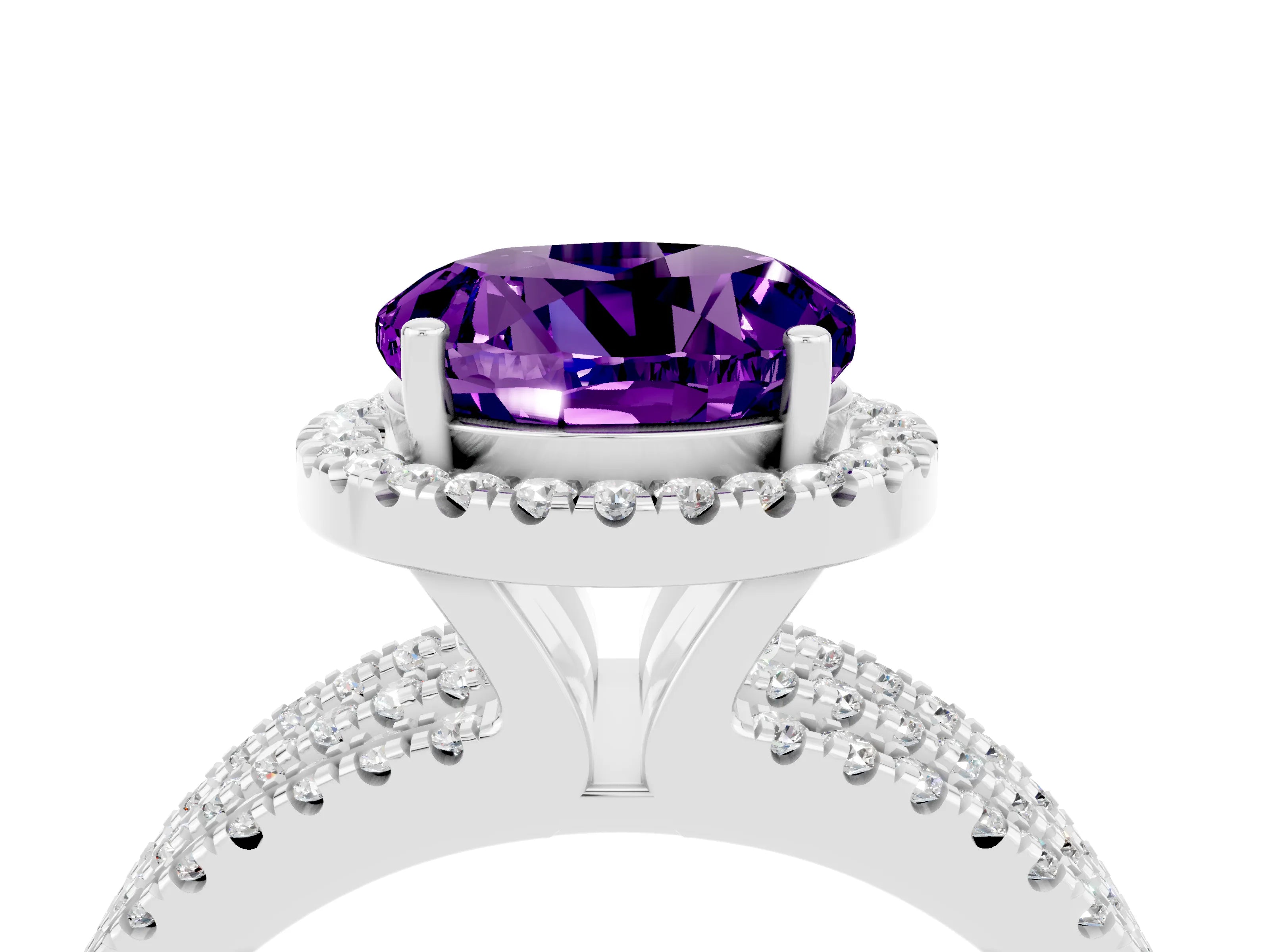 White gold {shape_name} Amethyst Halo Engagement Ring with Split Shank and Four-Prong Setting_4