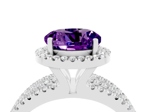 White gold {shape_name} Amethyst Halo Engagement Ring with Split Shank and Four-Prong Setting_4