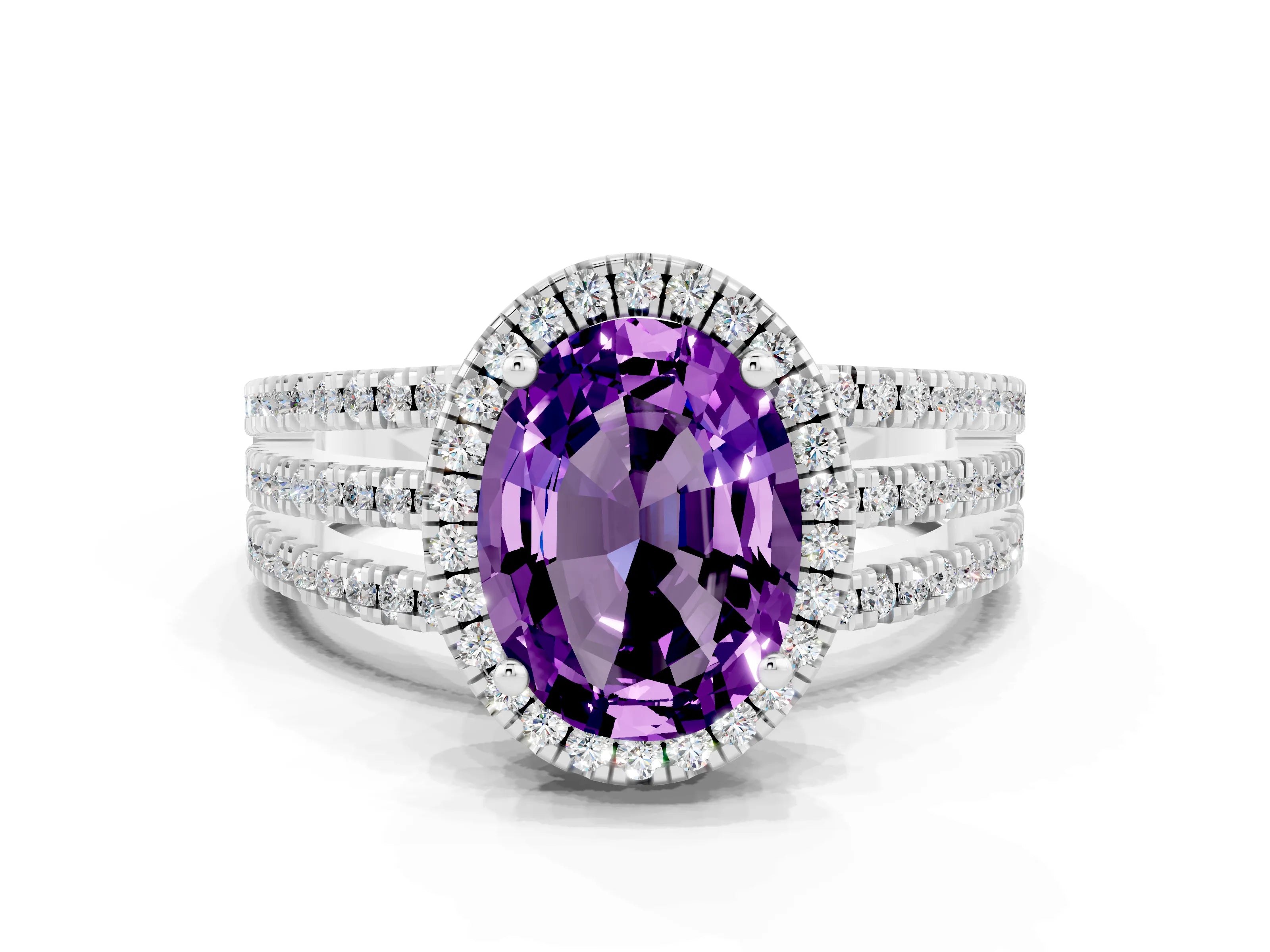 White gold {shape_name} Amethyst Halo Engagement Ring with Split Shank and Four-Prong Setting