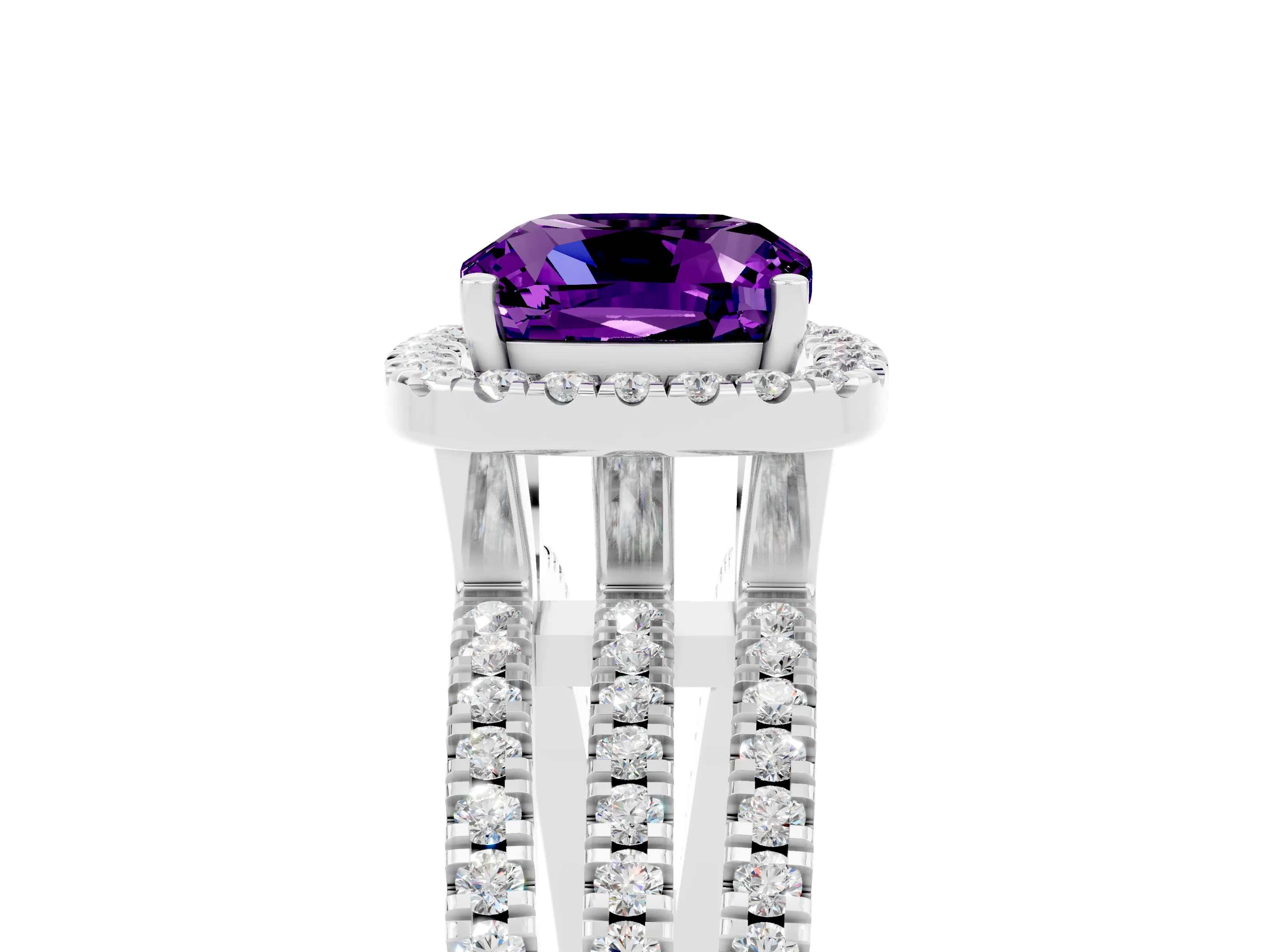 White gold {shape_name} Amethyst Halo Engagement Ring with Split Shank and Four-Prong Setting_5