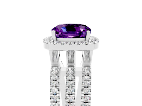 White gold {shape_name} Amethyst Halo Engagement Ring with Split Shank and Four-Prong Setting_5