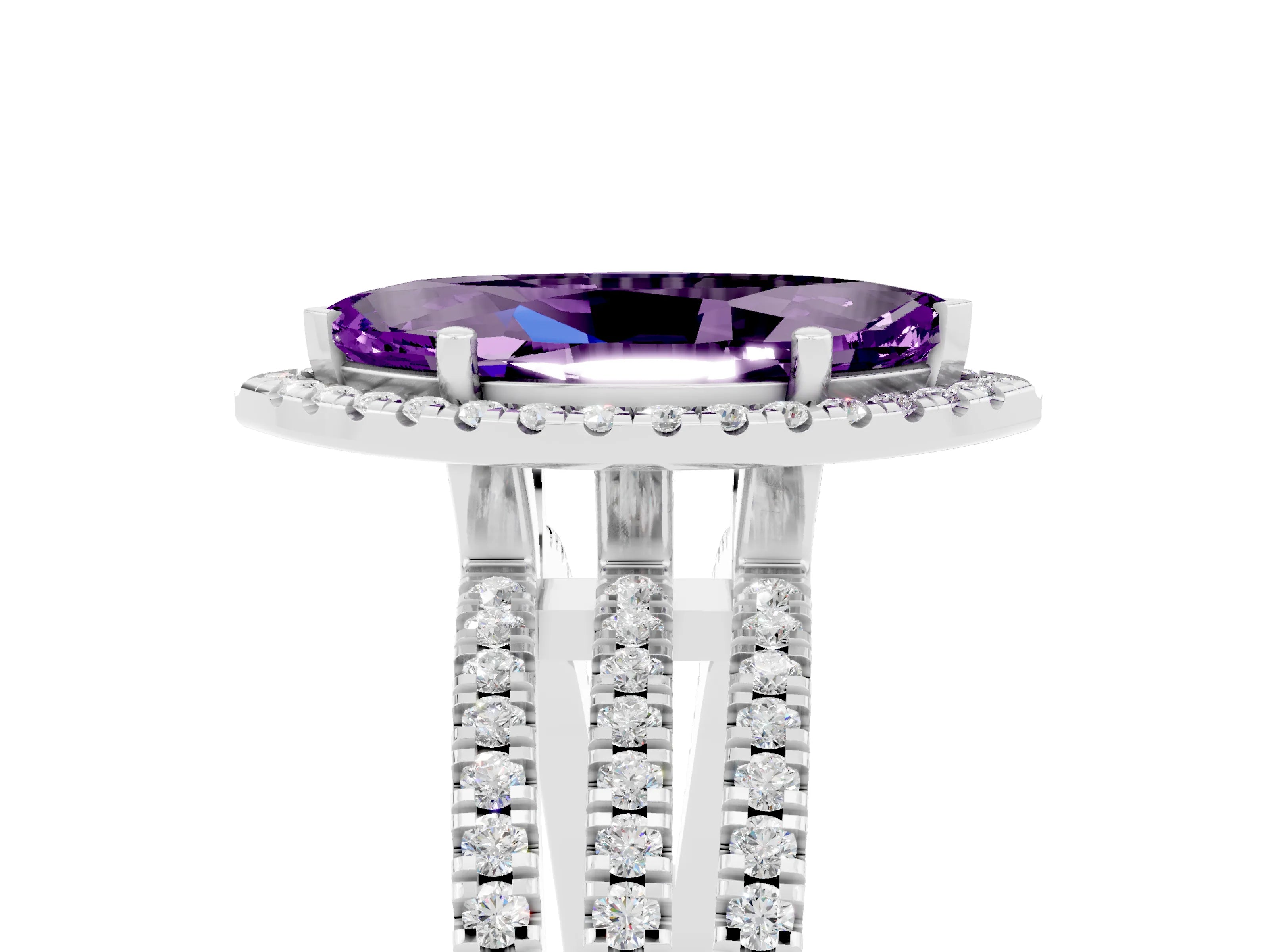 White gold {shape_name} Amethyst Halo Engagement Ring with Split Shank and Four-Prong Setting_5