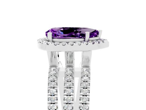 White gold {shape_name} Amethyst Halo Engagement Ring with Split Shank and Four-Prong Setting_5
