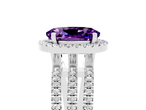 White gold {shape_name} Amethyst Halo Engagement Ring with Split Shank and Four-Prong Setting_5