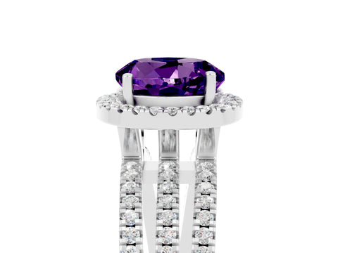 White gold {shape_name} Amethyst Halo Engagement Ring with Split Shank and Four-Prong Setting_5