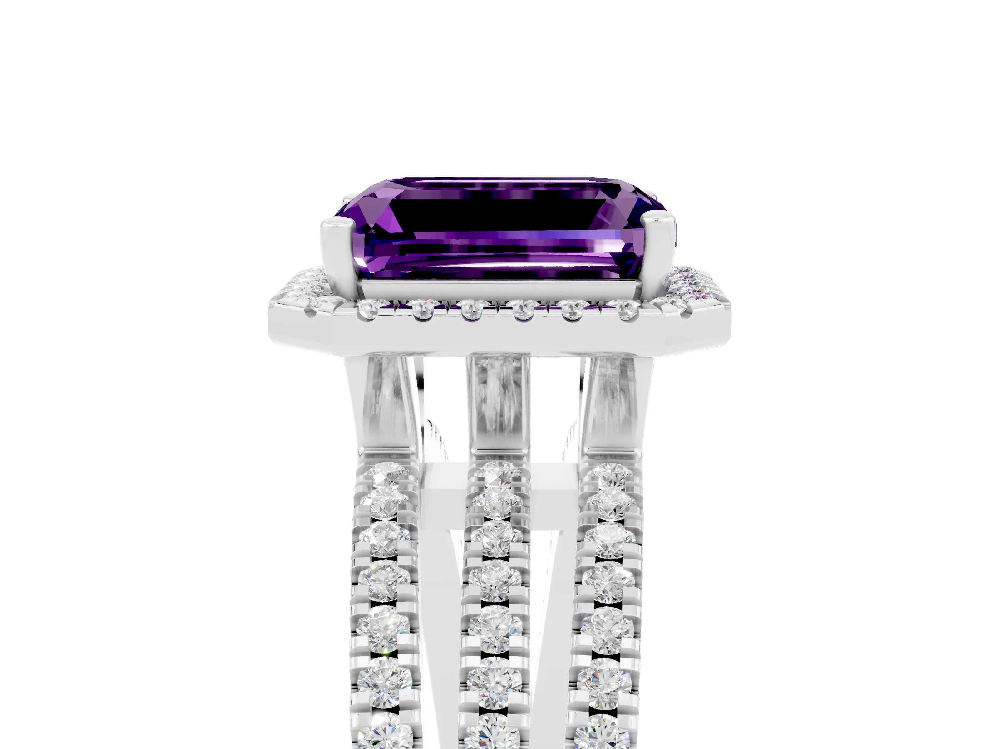 White gold {shape_name} Amethyst Halo Engagement Ring with Split Shank and Four-Prong Setting_5