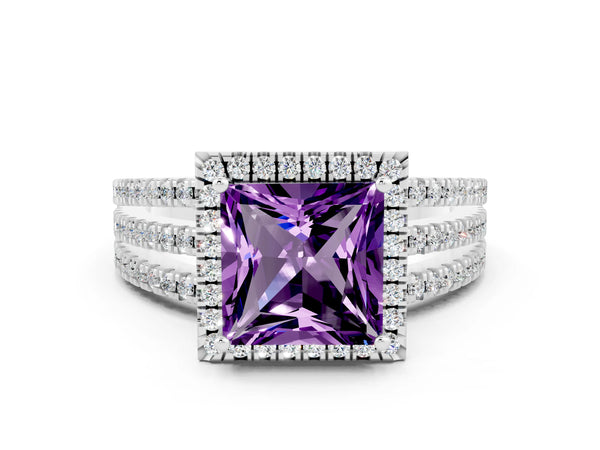 Silver Princess Cut Amethyst Halo Engagement Ring with Split Shank and Four-Prong Setting