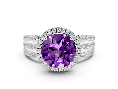 White gold {shape_name} Amethyst Halo Engagement Ring with Split Shank and Four-Prong Setting
