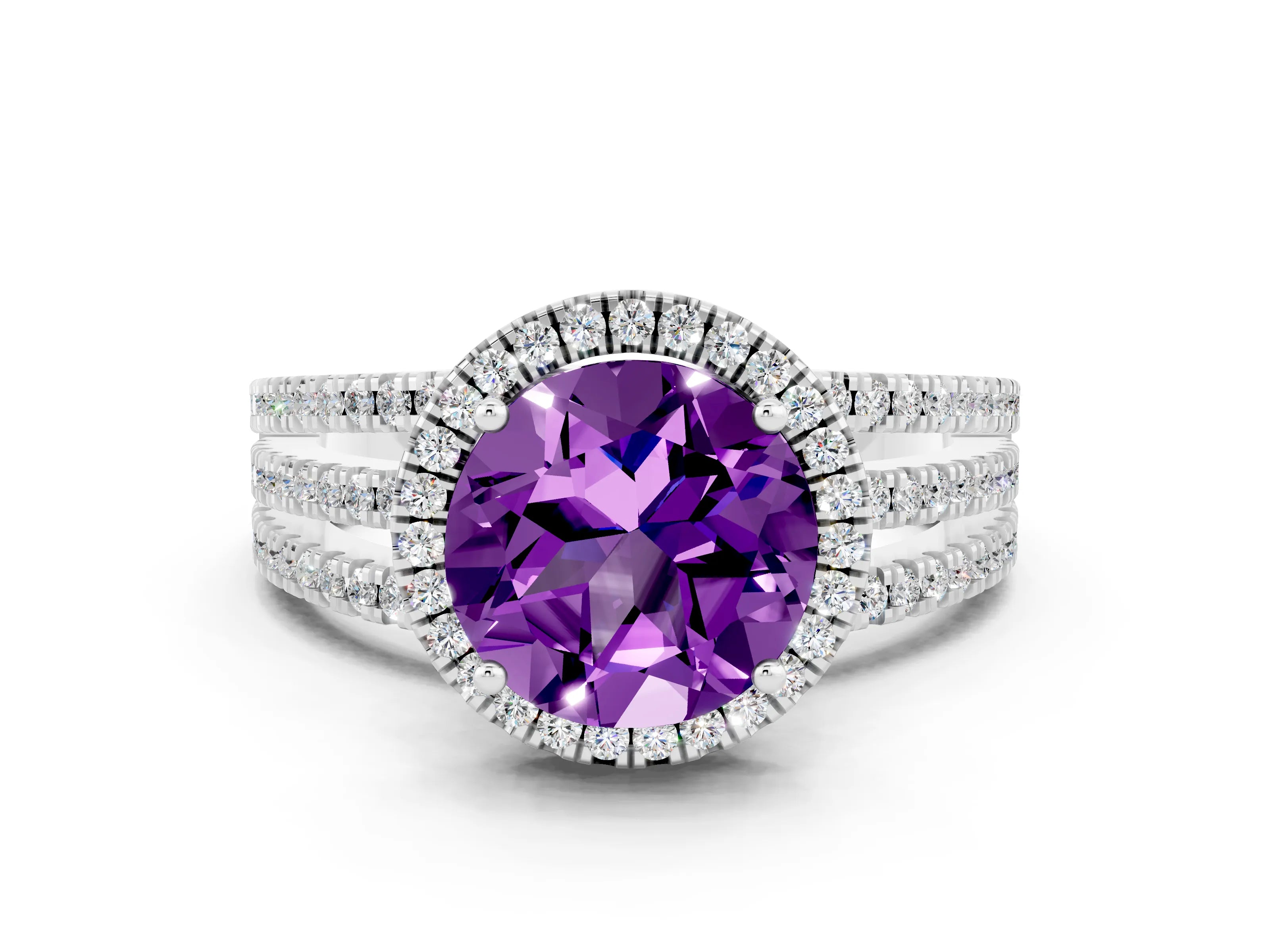 White gold {shape_name} Amethyst Halo Engagement Ring with Split Shank and Four-Prong Setting