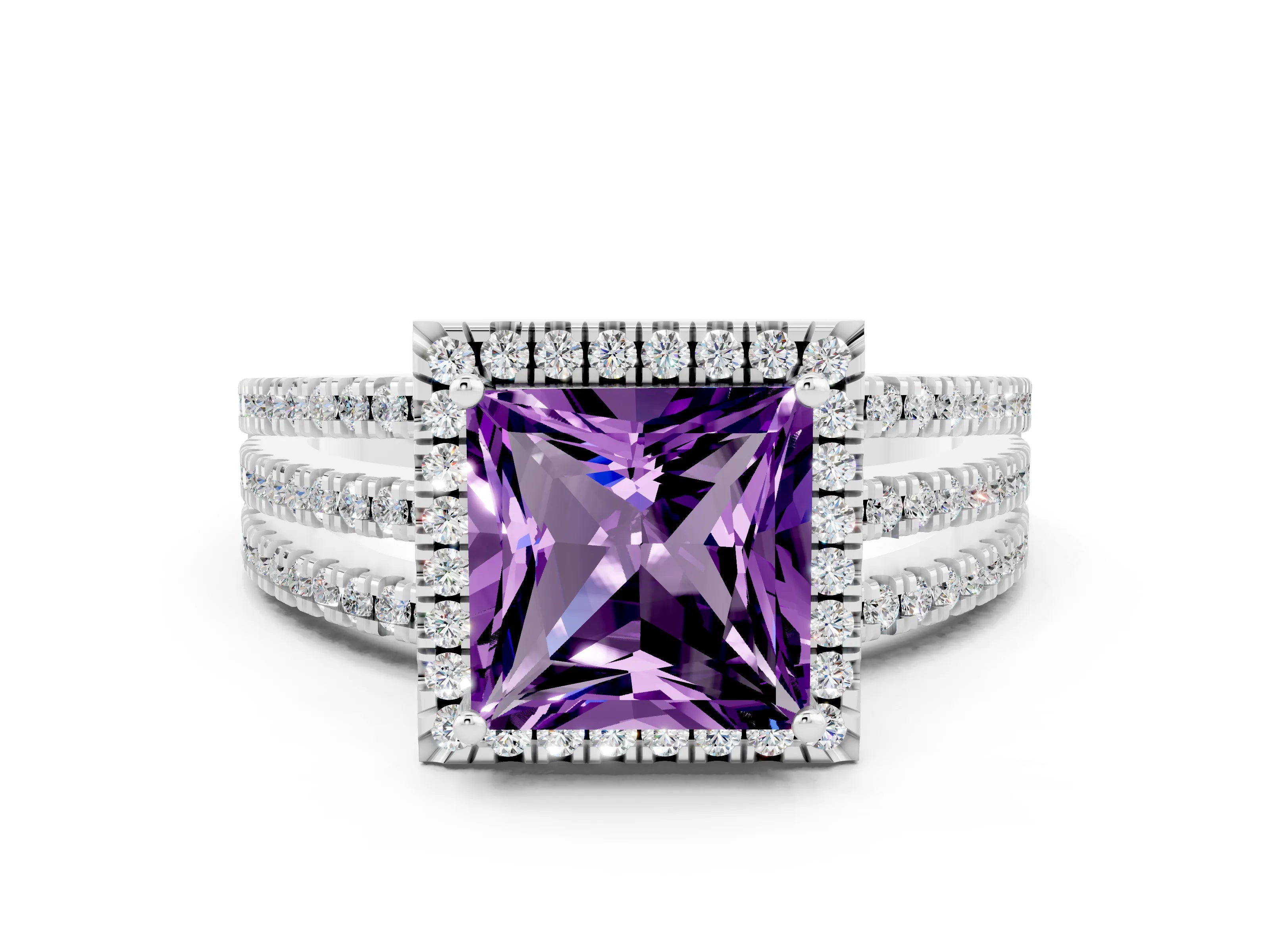 White gold {shape_name} Amethyst Halo Engagement Ring with Split Shank and Four-Prong Setting