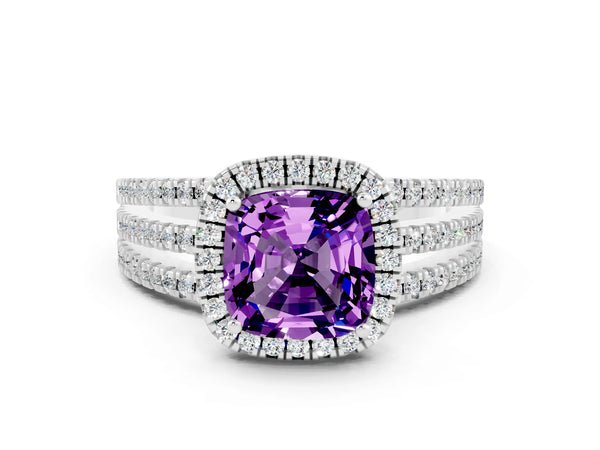Silver Cushion Cut Amethyst Halo Engagement Ring with Split Shank and Four-Prong Setting
