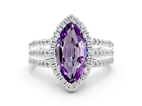 White gold {shape_name} Amethyst Halo Engagement Ring with Split Shank and Four-Prong Setting