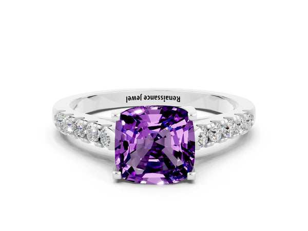 Platinum Cushion Cut Amethyst Pavé Band Solitaire Ring with Prong Setting
