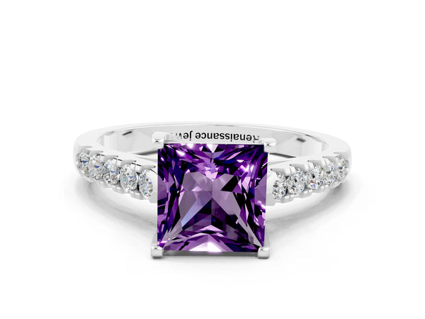 White gold Princess Cut Amethyst Pavé Band Solitaire Ring with Prong Setting