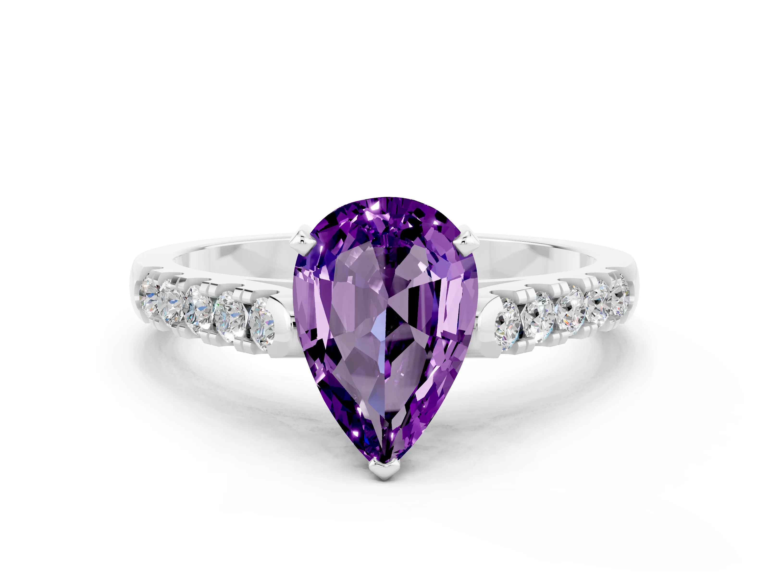 White gold {shape_name} Amethyst Solitaire Ring with Pavé Band and Four-Prong Setting_12