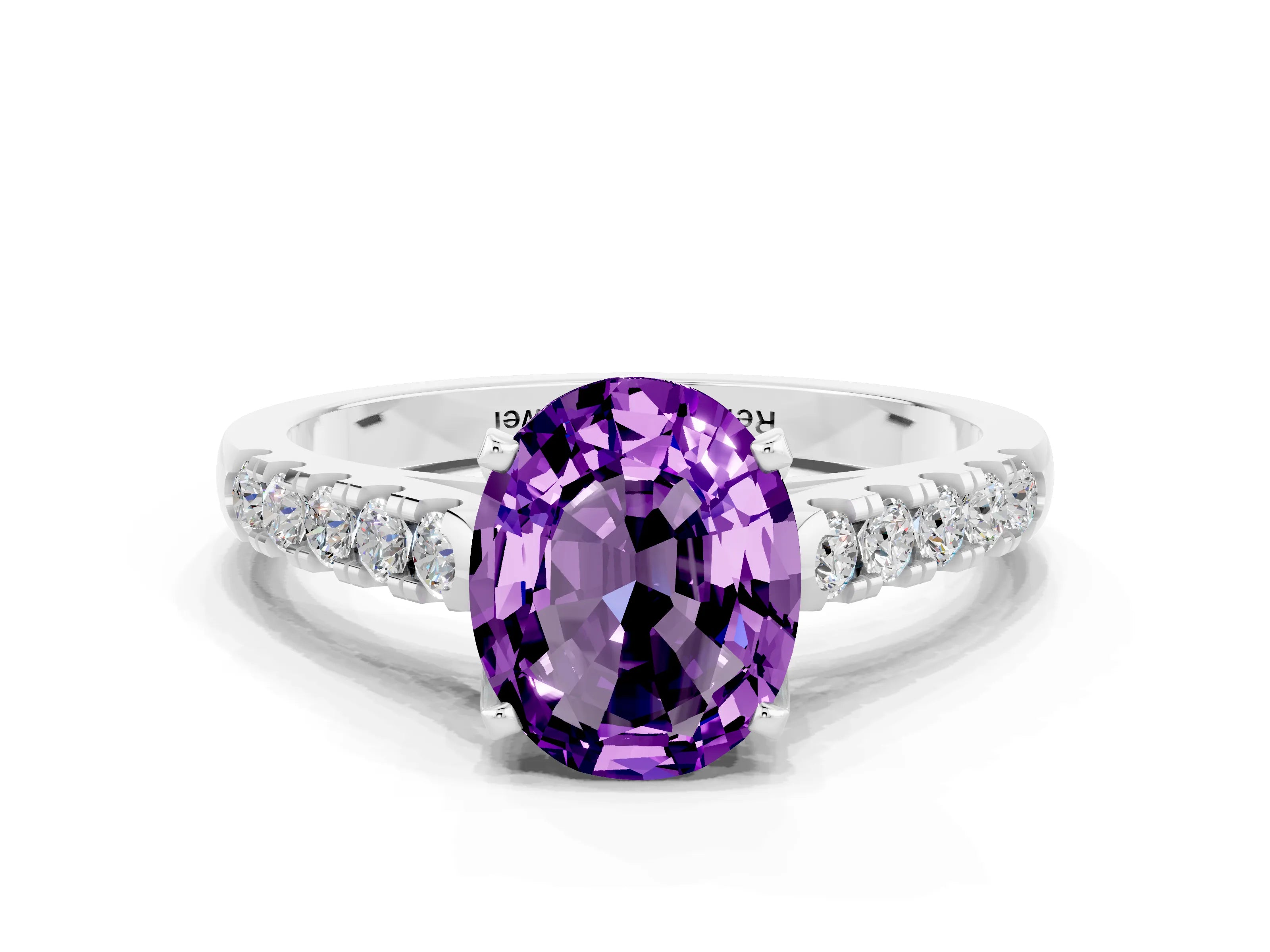 White gold {shape_name} Amethyst Solitaire Ring with Pavé Band and Four-Prong Setting_12