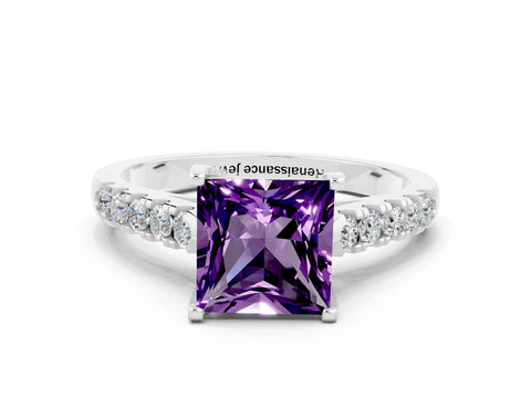 White gold {shape_name} Amethyst Solitaire Ring with Pavé Band and Four-Prong Setting_12