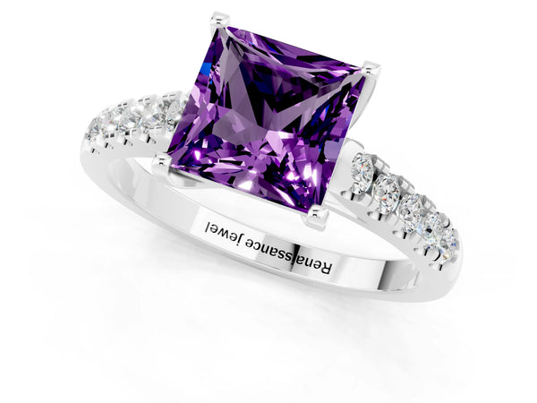 White gold Princess Cut Amethyst Pavé Band Solitaire Ring with Prong Setting