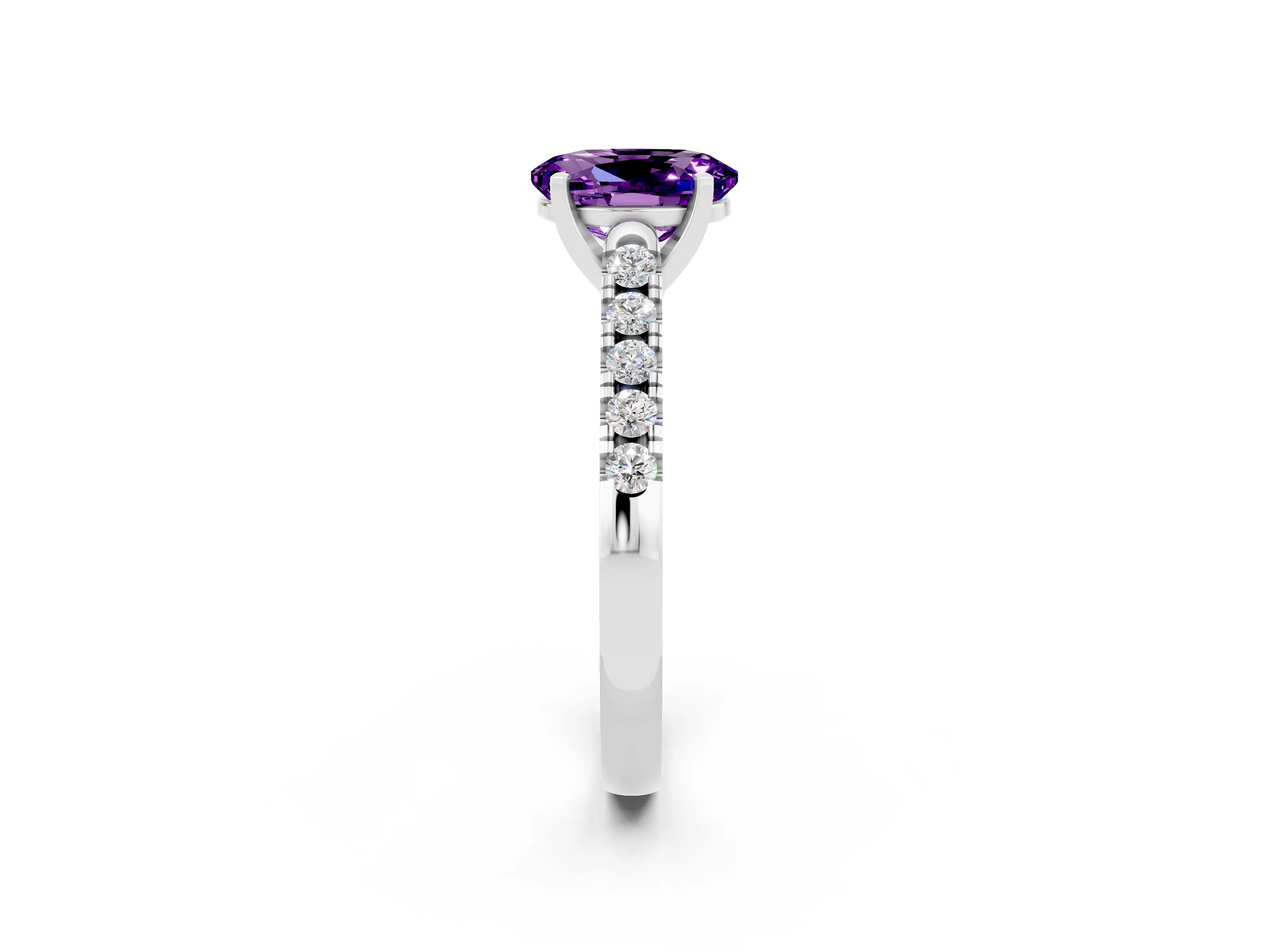 White gold {shape_name} Amethyst Solitaire Ring with Pavé Band and Four-Prong Setting_14