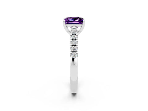 White gold {shape_name} Amethyst Solitaire Ring with Pavé Band and Four-Prong Setting_14