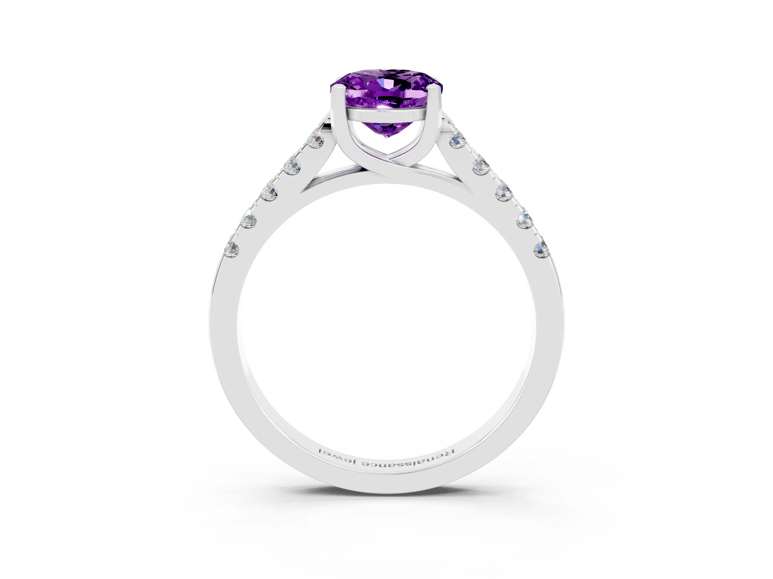 White gold {shape_name} Amethyst Solitaire Ring with Pavé Band and Four-Prong Setting_15