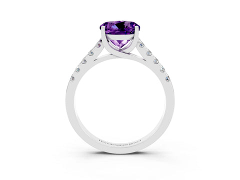 White gold {shape_name} Amethyst Solitaire Ring with Pavé Band and Four-Prong Setting_15