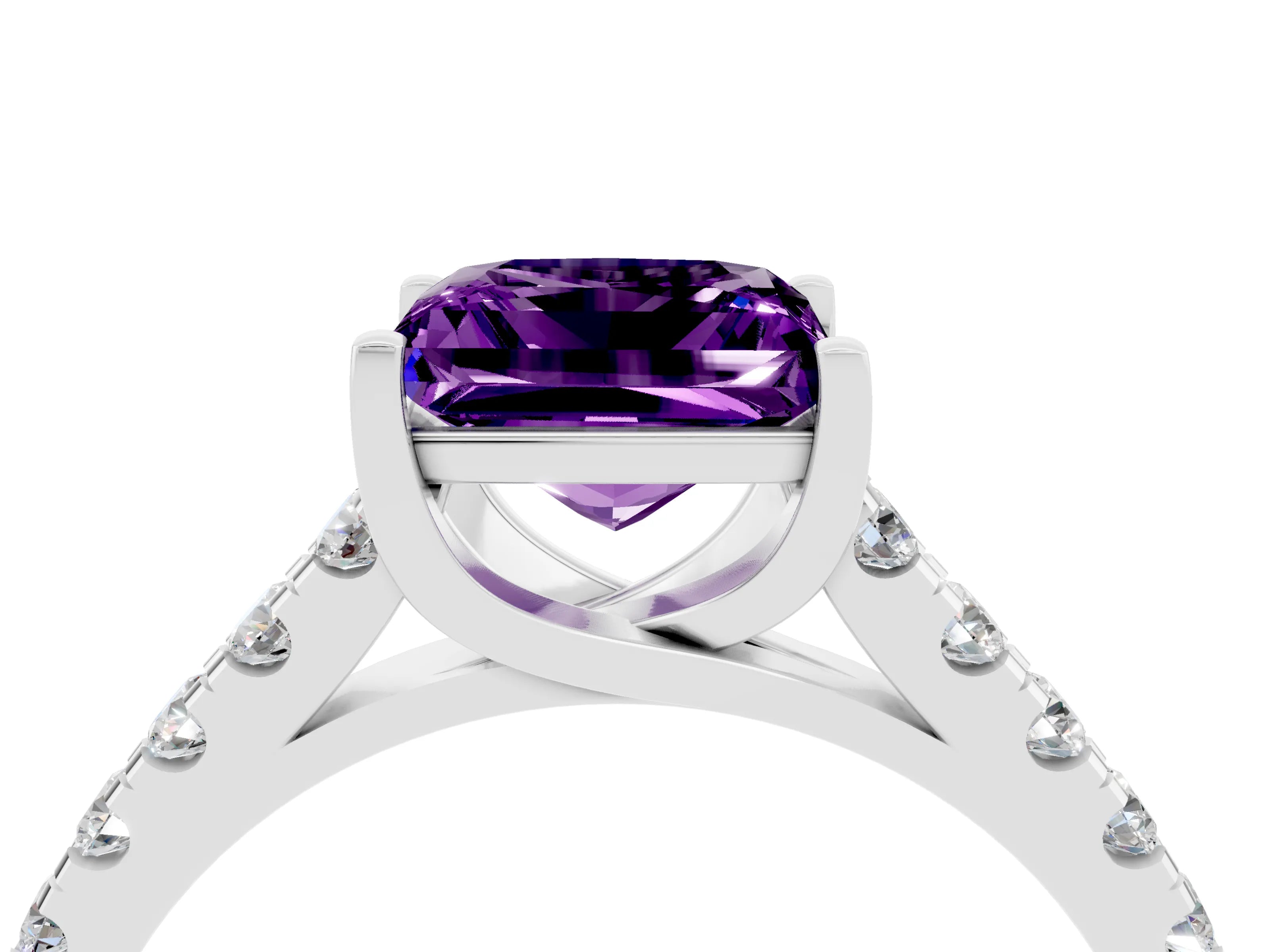 White gold {shape_name} Amethyst Solitaire Ring with Pavé Band and Four-Prong Setting_16