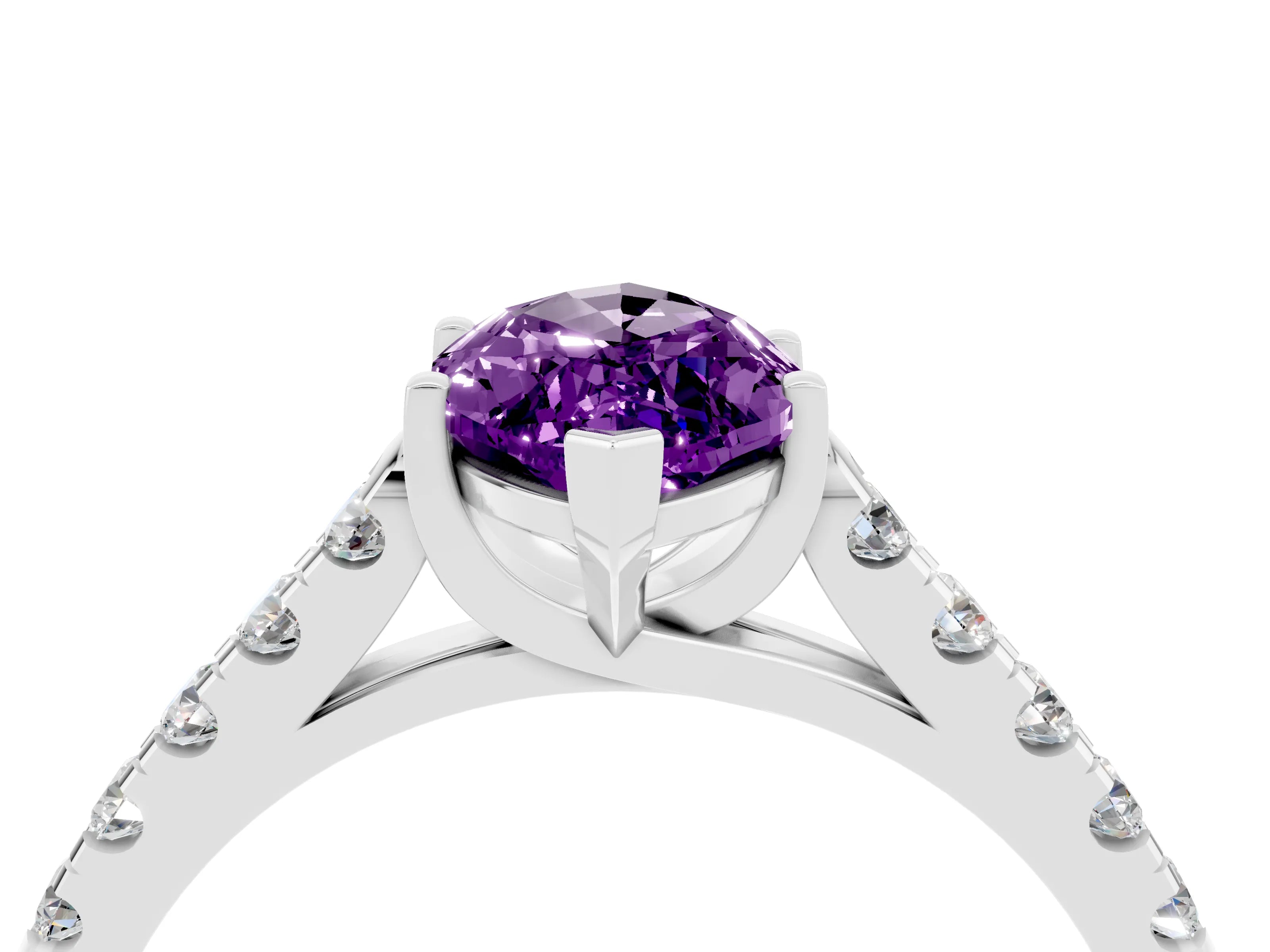 White gold {shape_name} Amethyst Solitaire Ring with Pavé Band and Four-Prong Setting_16