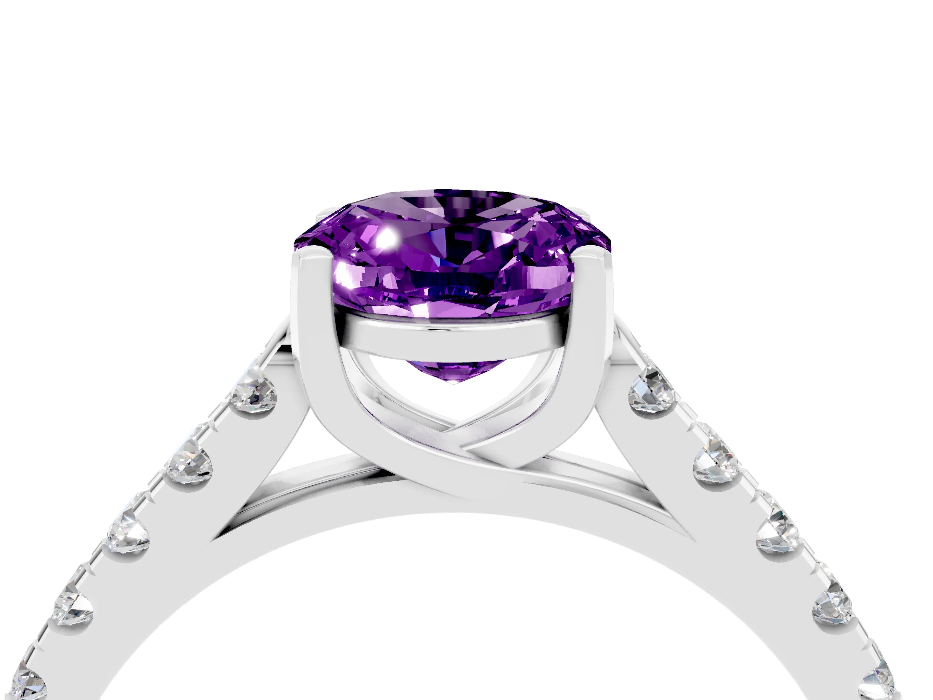 White gold {shape_name} Amethyst Solitaire Ring with Pavé Band and Four-Prong Setting_16