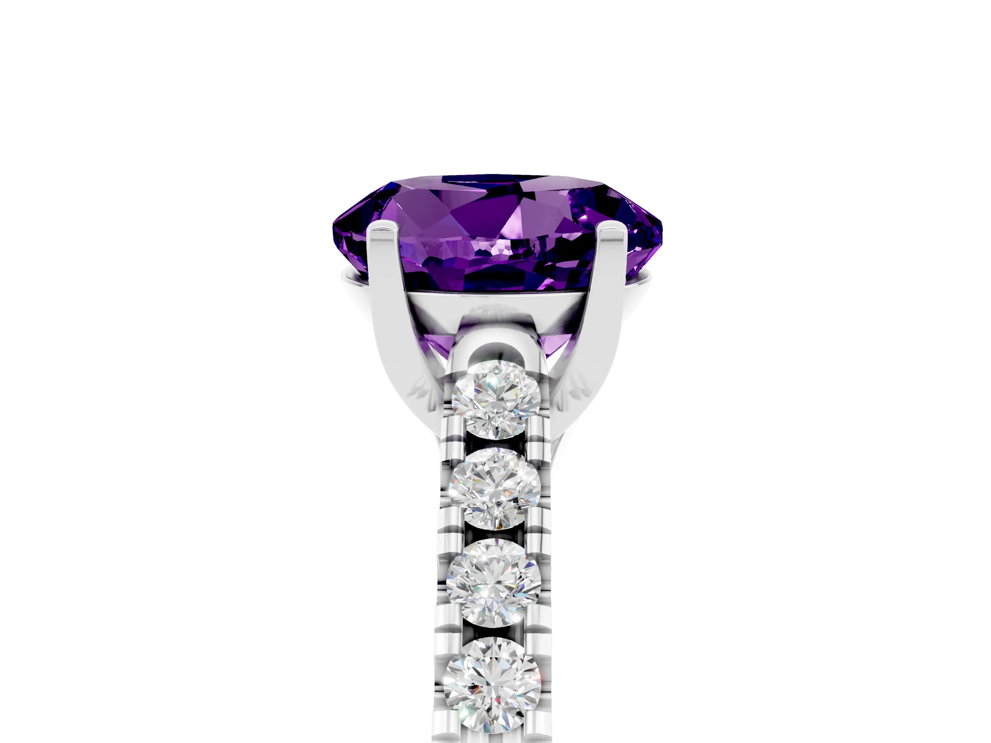 White gold {shape_name} Amethyst Solitaire Ring with Pavé Band and Four-Prong Setting_17