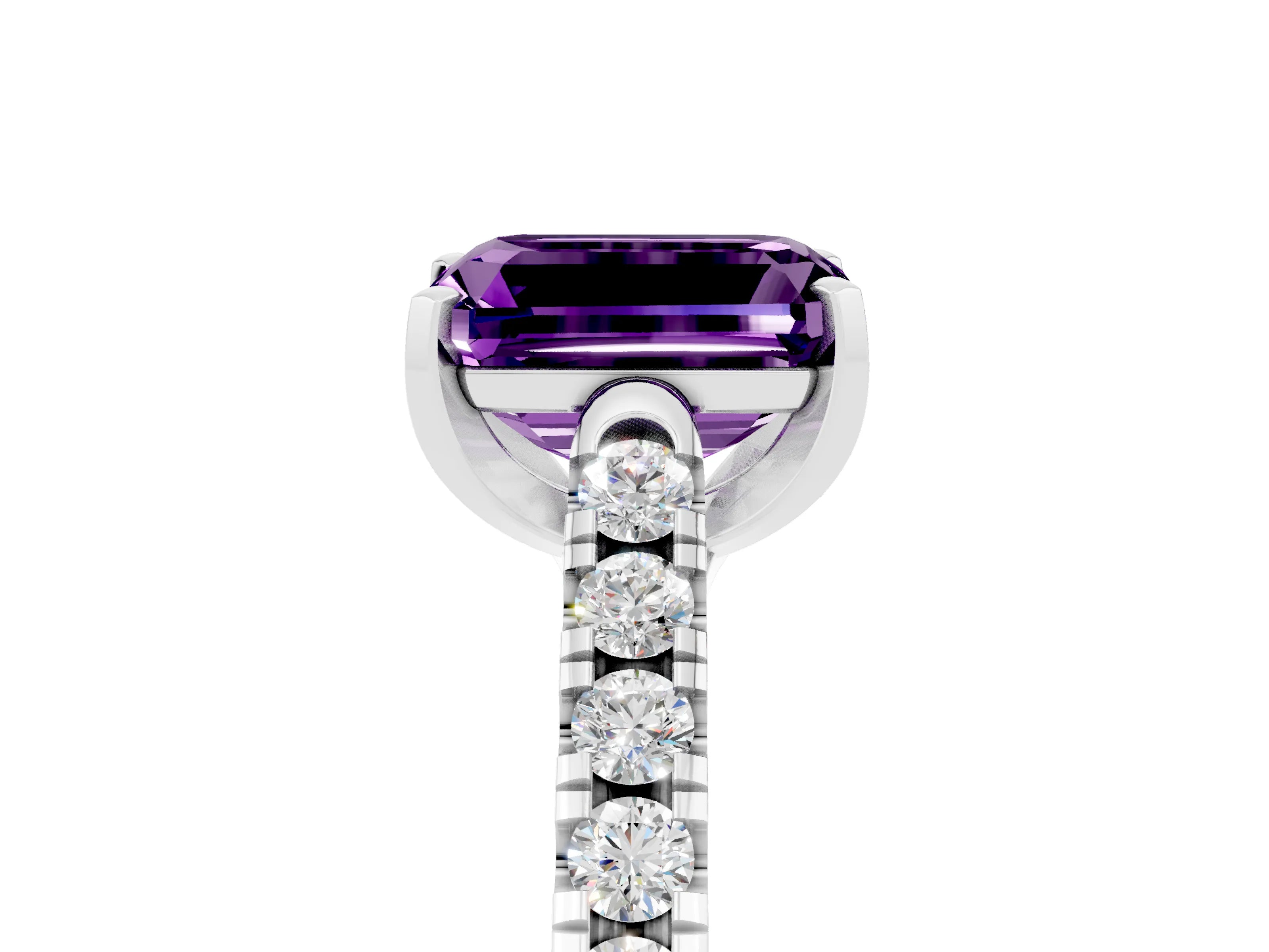 White gold {shape_name} Amethyst Solitaire Ring with Pavé Band and Four-Prong Setting_17