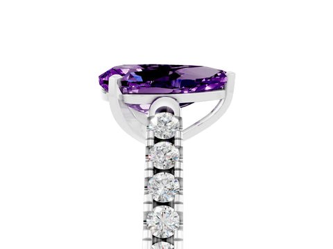 White gold {shape_name} Amethyst Solitaire Ring with Pavé Band and Four-Prong Setting_17