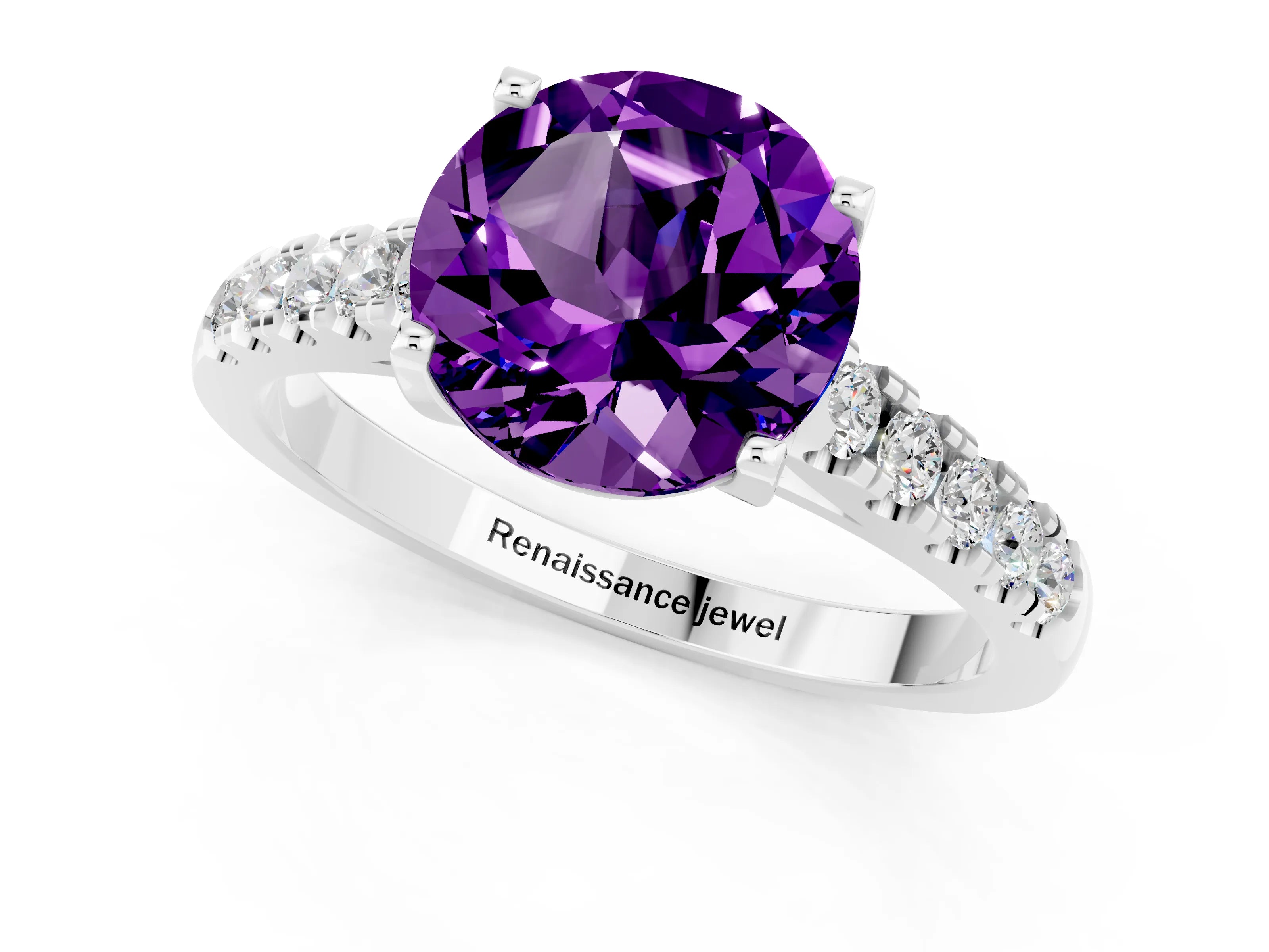 White gold {shape_name} Amethyst Solitaire Ring with Pavé Band and Four-Prong Setting_1