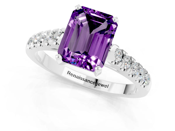 Silver Emerald Cut Amethyst Pavé Band Solitaire Ring with Prong Setting