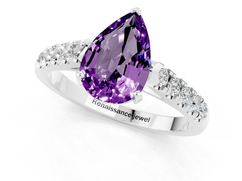 White gold {shape_name} Amethyst Solitaire Ring with Pavé Band and Four-Prong Setting_1