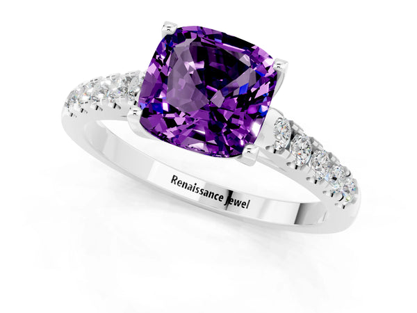 Silver Cushion Cut Amethyst Pavé Band Solitaire Ring with Prong Setting