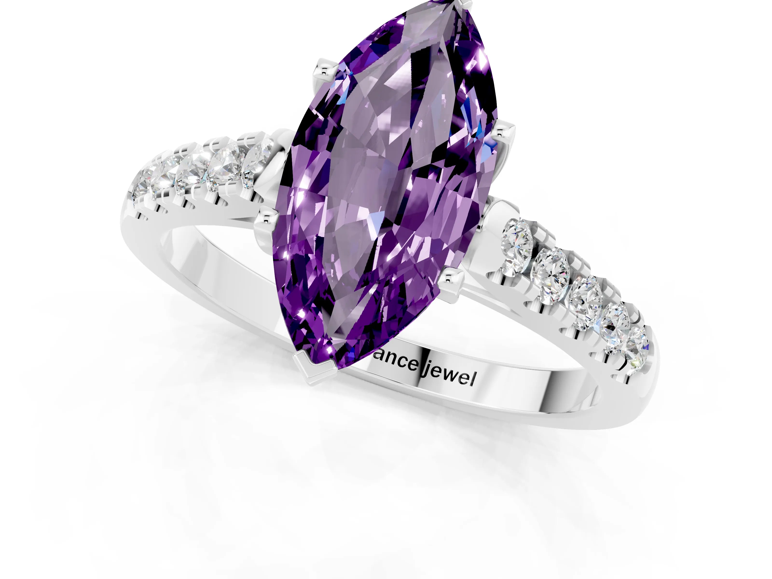 White gold {shape_name} Amethyst Solitaire Ring with Pavé Band and Four-Prong Setting_1