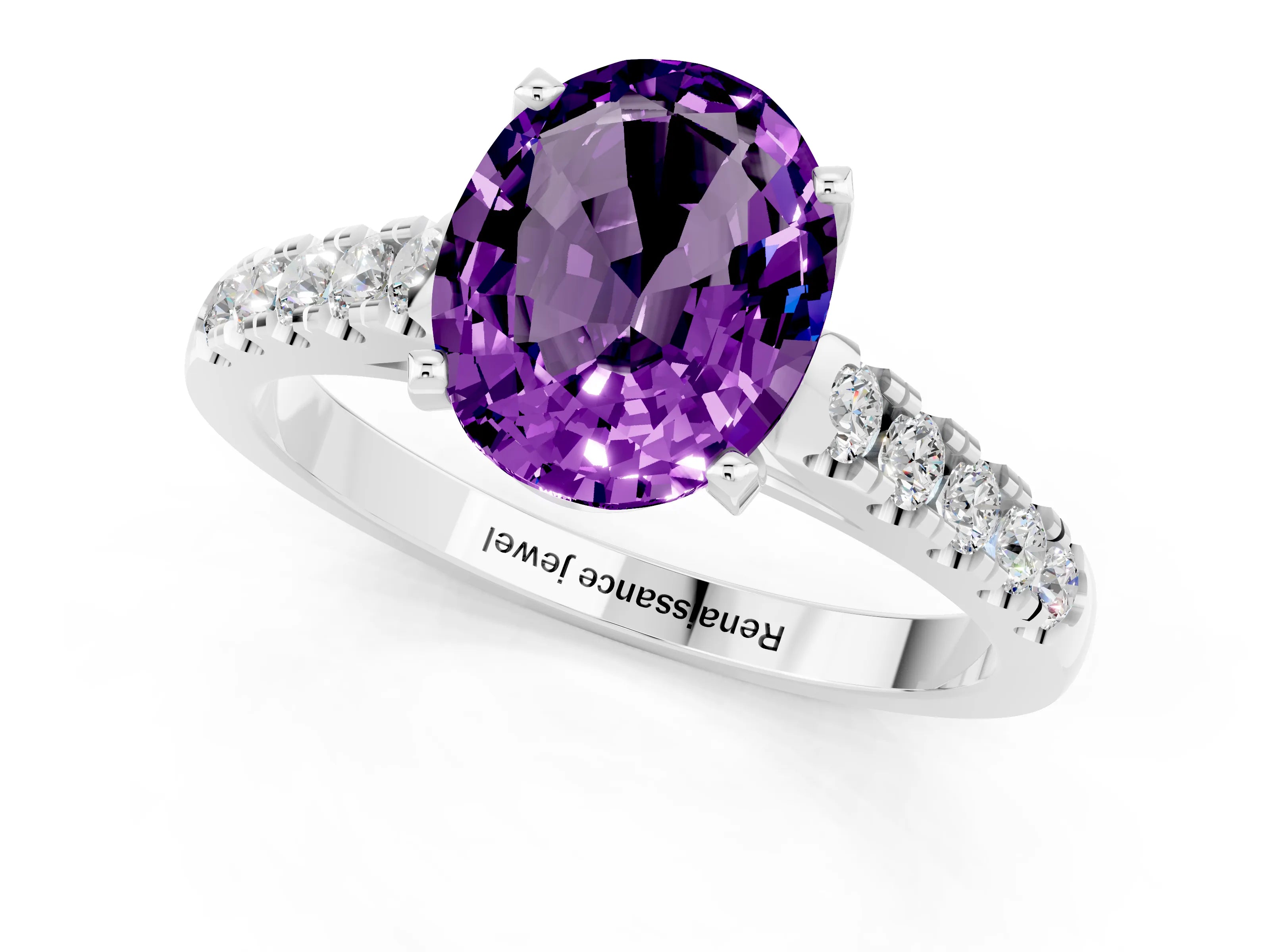White gold {shape_name} Amethyst Solitaire Ring with Pavé Band and Four-Prong Setting_1