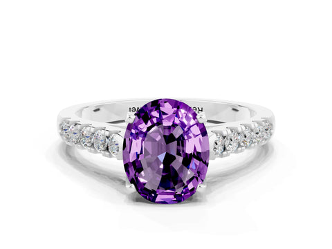 White gold {shape_name} Amethyst Solitaire Ring with Pavé Band and Four-Prong Setting