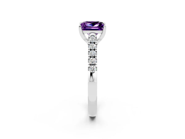 Platinum Princess Cut Amethyst Pavé Band Solitaire Ring with Prong Setting
