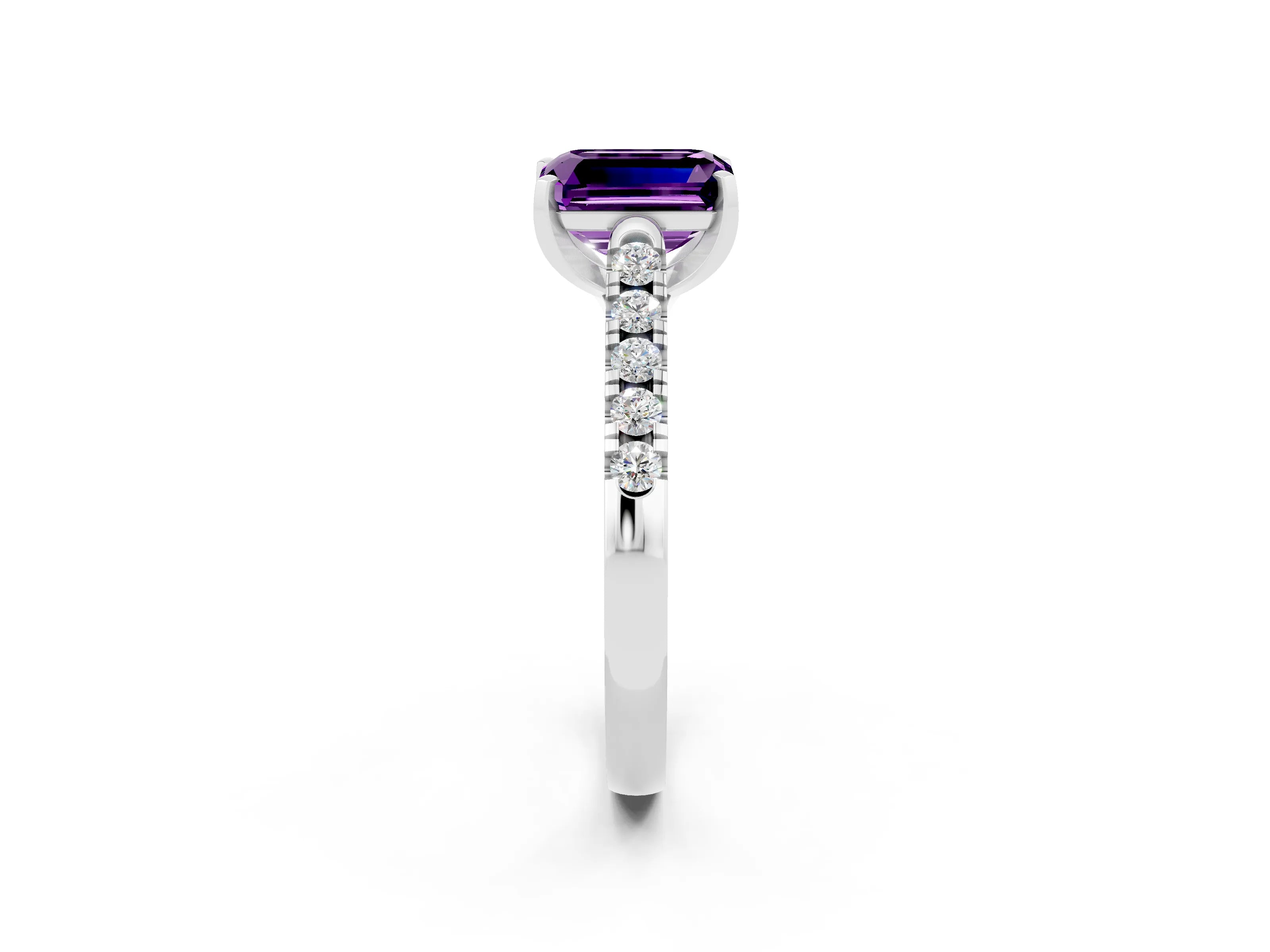 White gold {shape_name} Amethyst Solitaire Ring with Pavé Band and Four-Prong Setting_2