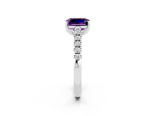 Silver Emerald Cut Amethyst Pavé Band Solitaire Ring with Prong Setting