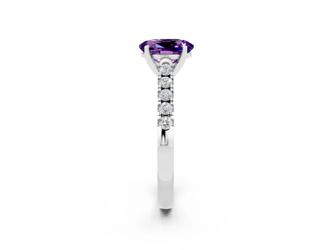 White gold {shape_name} Amethyst Solitaire Ring with Pavé Band and Four-Prong Setting_2