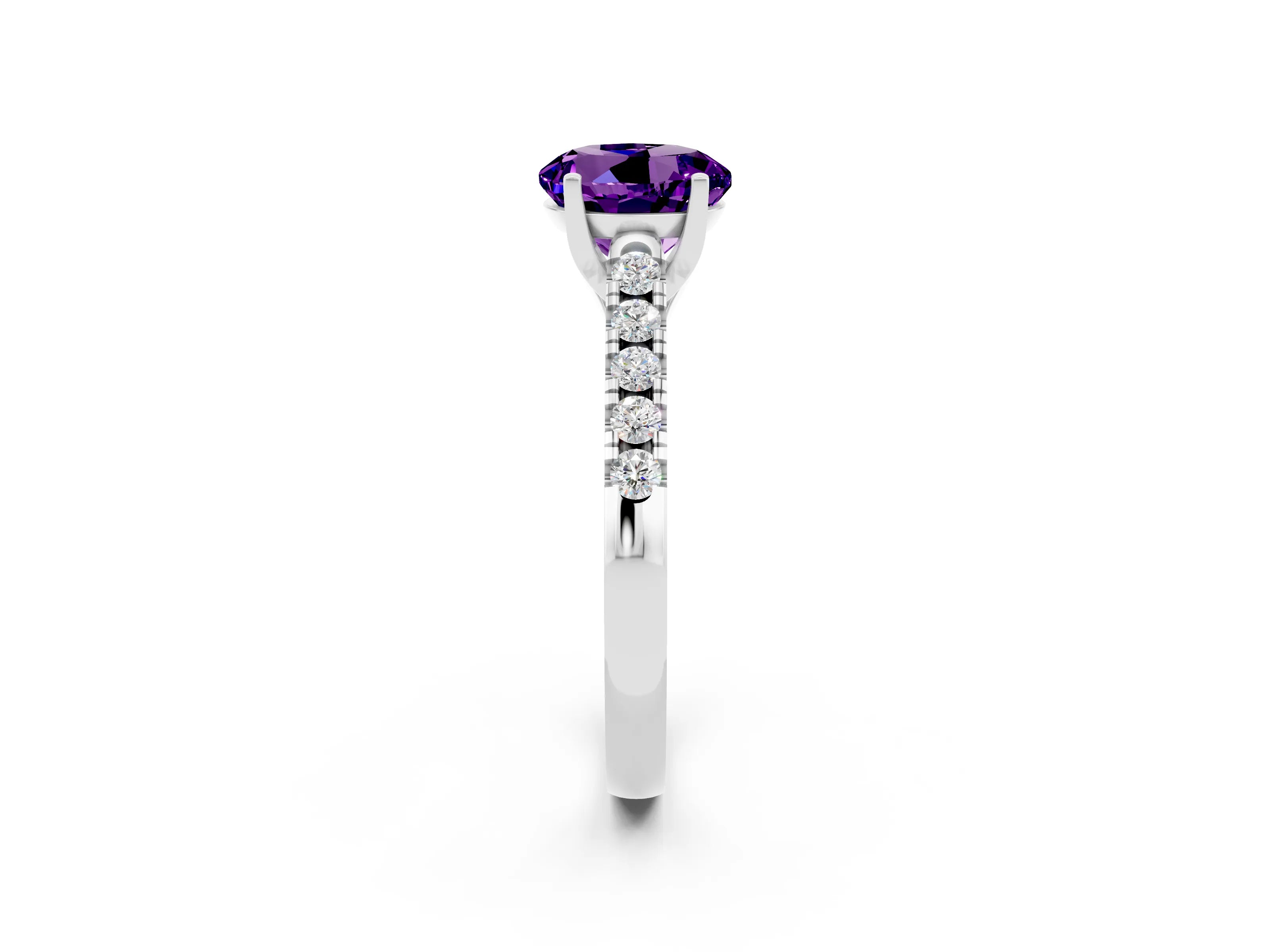 White gold {shape_name} Amethyst Solitaire Ring with Pavé Band and Four-Prong Setting_2