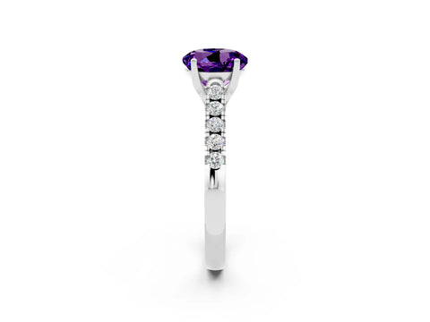 White gold {shape_name} Amethyst Solitaire Ring with Pavé Band and Four-Prong Setting_2
