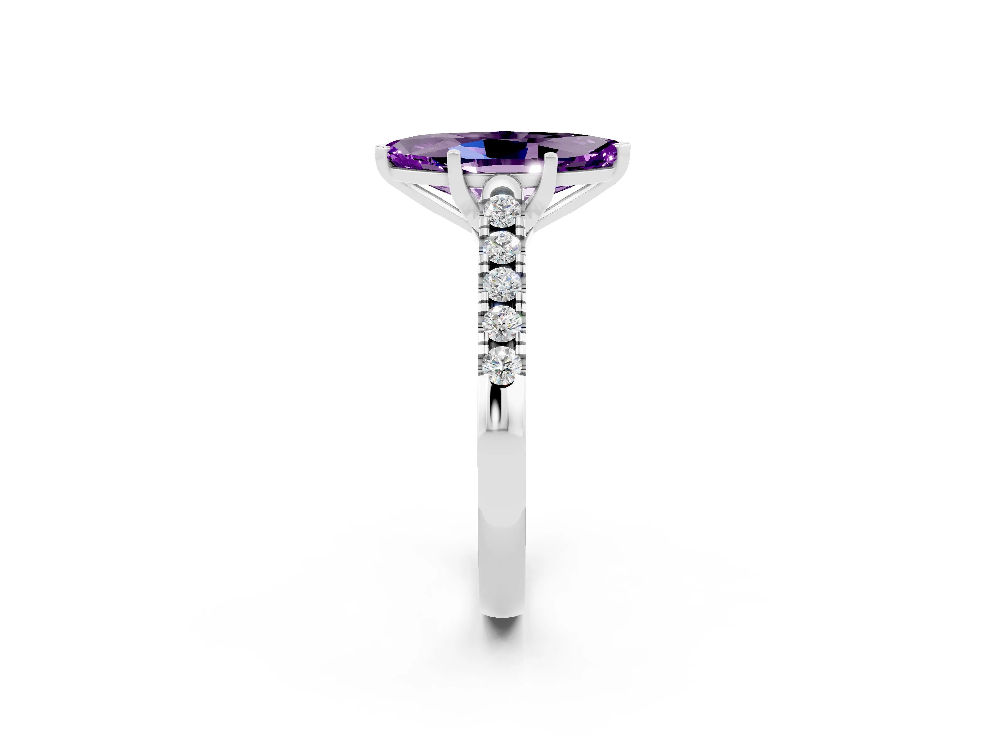 White gold {shape_name} Amethyst Solitaire Ring with Pavé Band and Four-Prong Setting_2