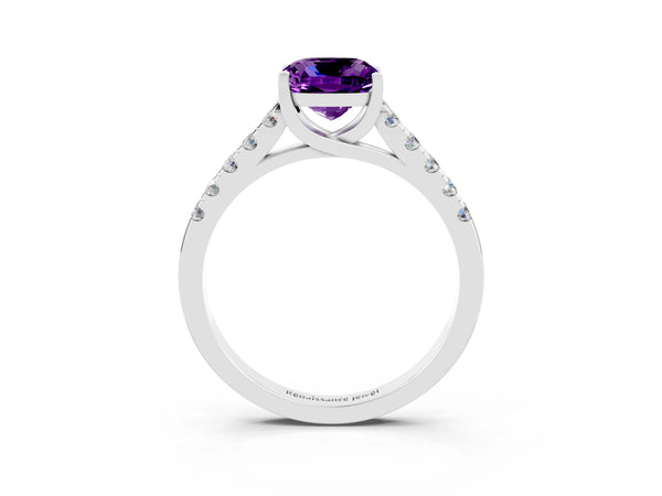 Platinum Cushion Cut Amethyst Pavé Band Solitaire Ring with Prong Setting
