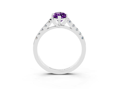 White gold {shape_name} Amethyst Solitaire Ring with Pavé Band and Four-Prong Setting_3